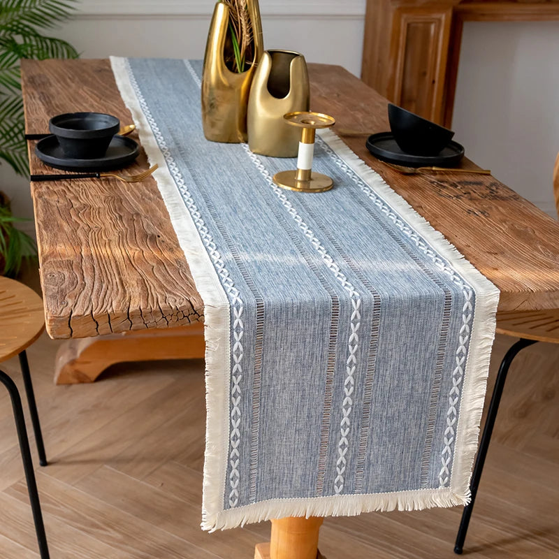 Farmhouse Table Runner Grey Blue 13x72 Inch Cotton Linen Embroidered Striped Boho Wedding Party Rustic Home Christmas Decoration