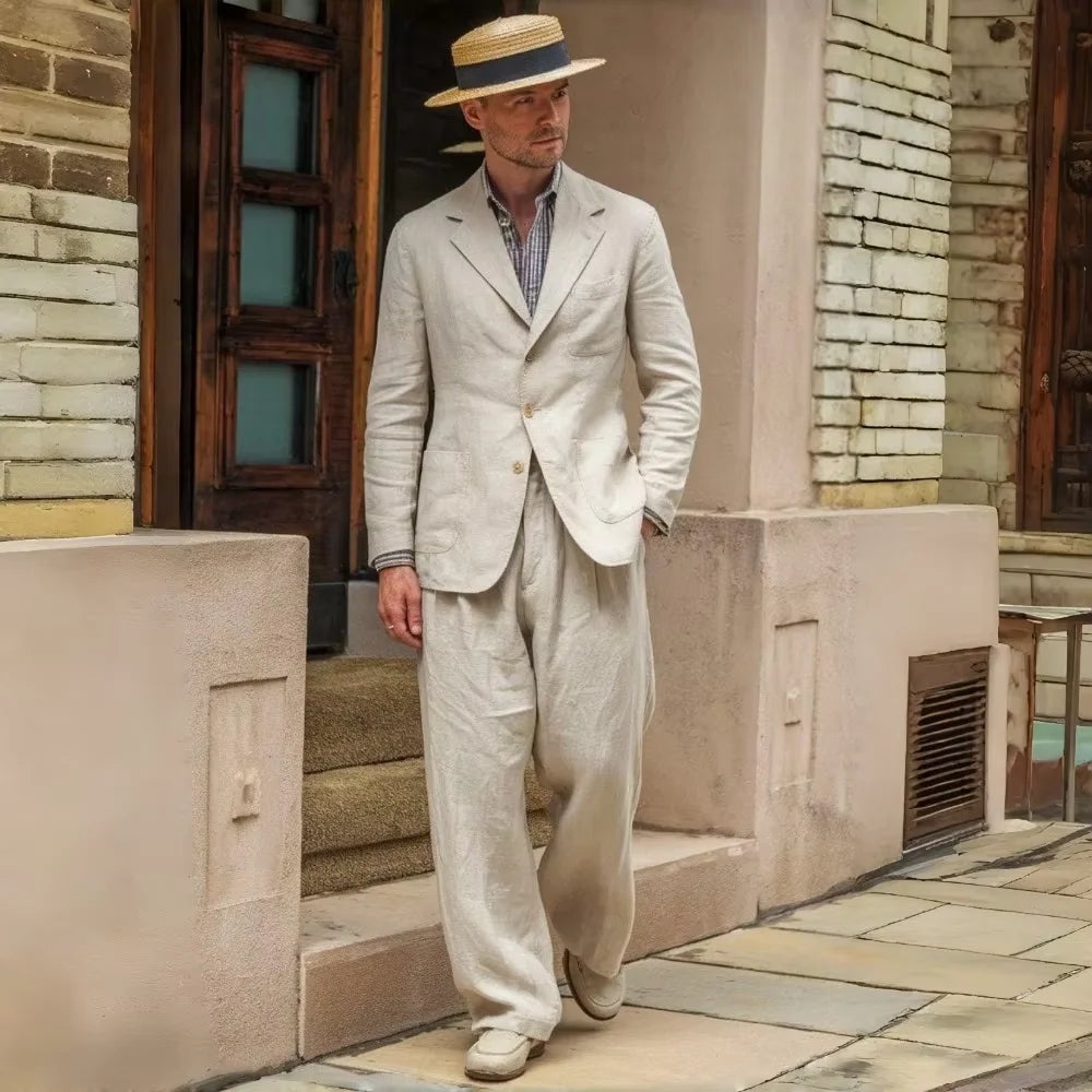 Men's Linen Suit 2-Piece - Breathable Blazer & Wide Leg Pants - Summer Done Right