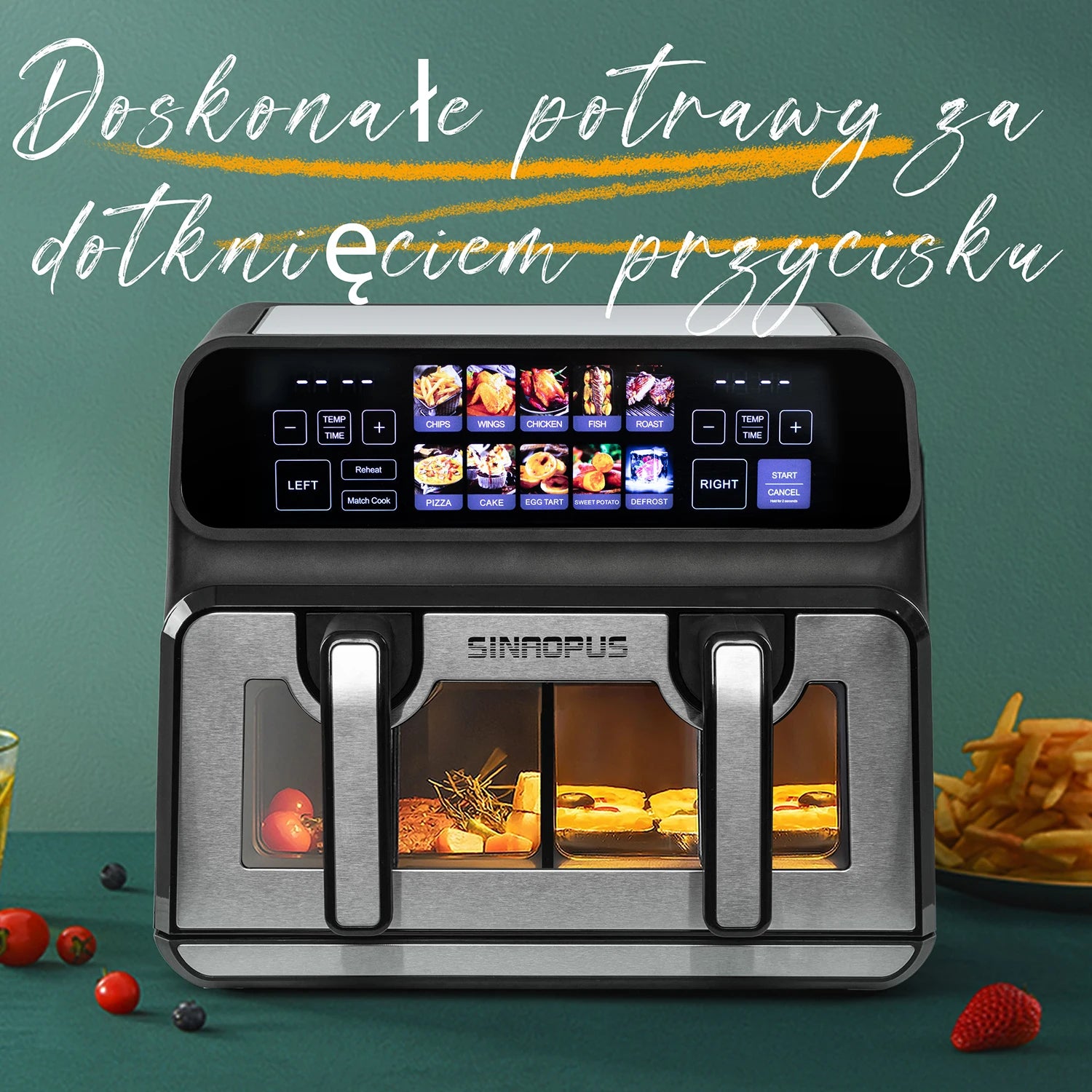 Sinaopus Air Fryer 9L XXL Dual Chamber - 2200W, LED Touch