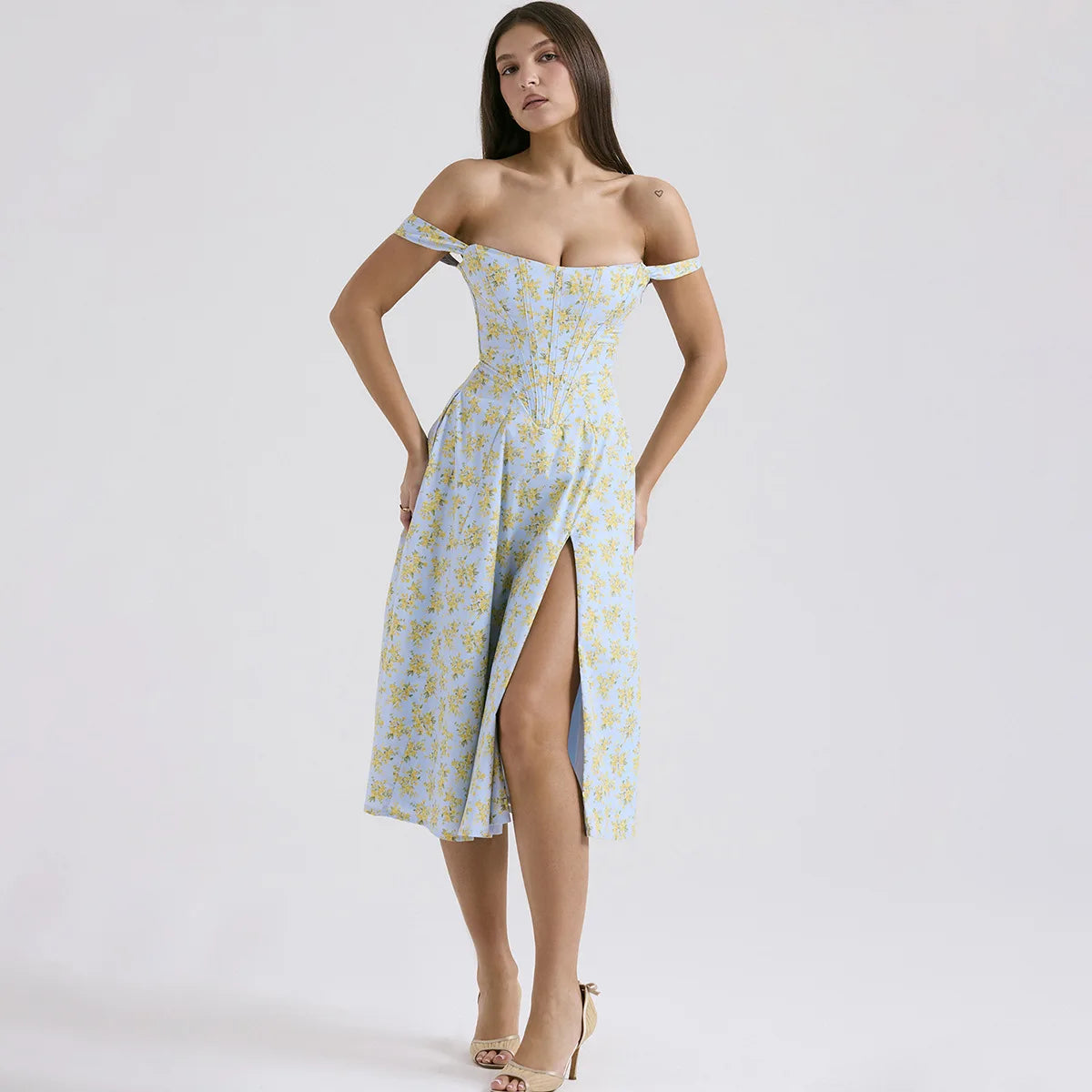 Vintage Floral Print Corset Midi Sun Dress Women's Pockets Dresses Female Bandage Sundress Red Green Blue Summer White Black New
