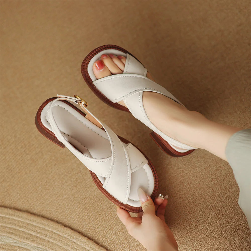 Women's flat sandals genuine leather cross strap open-toe summer casual female footwear high quality soft comfortable plus size