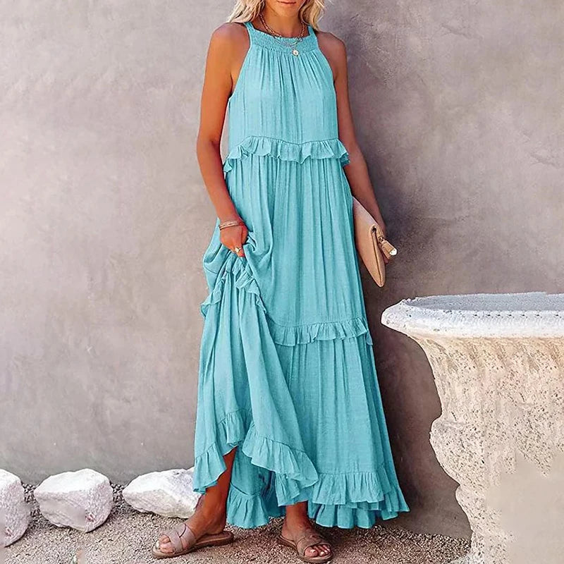 Women Casual Ruffles Long Dress 2026 Summer Elegant Sleeveless Sundress Elegant Harajuku Maxi Dress Beach Party Evening Vestido