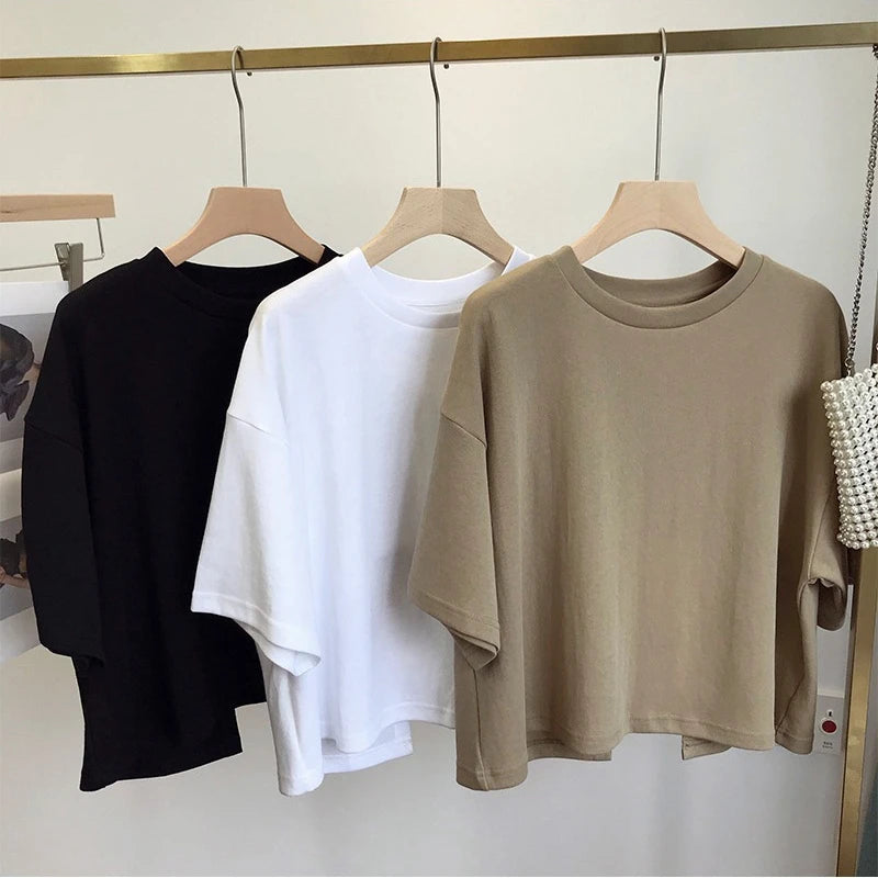 Summer Vintage Women's Short Sleeve Tee Korean Casual Backless Oversize T-Shirt Round Neck Short-Sleeved Crop Tops Y2k Brown Top