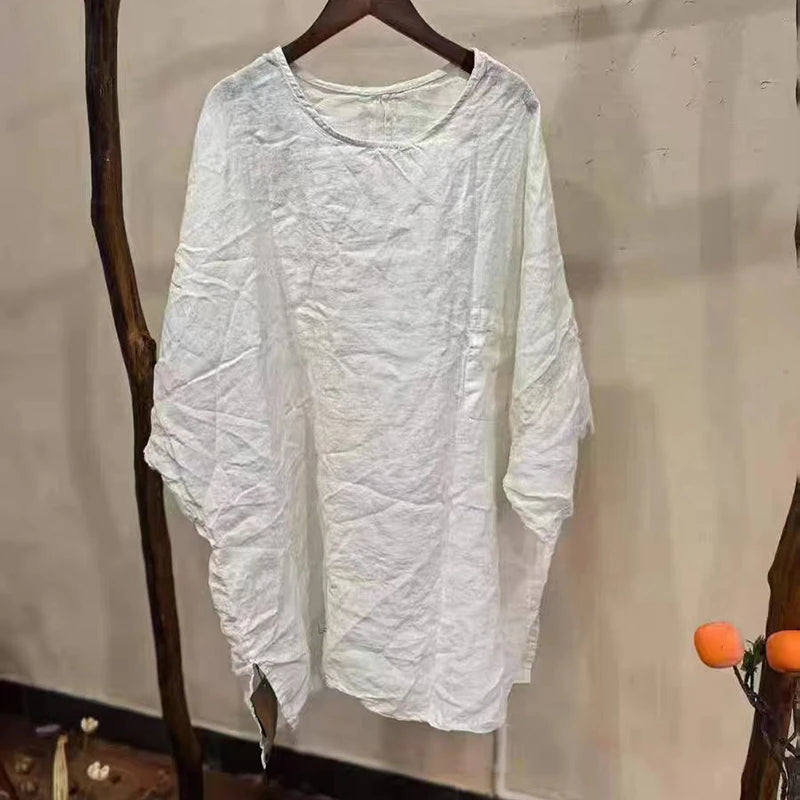 Spring Summer Arts Style Women O-neck Batwing Sleeve Casual Tops Tees Good Quality Cotton Linen Vintage Loose Long T-shirt T2513