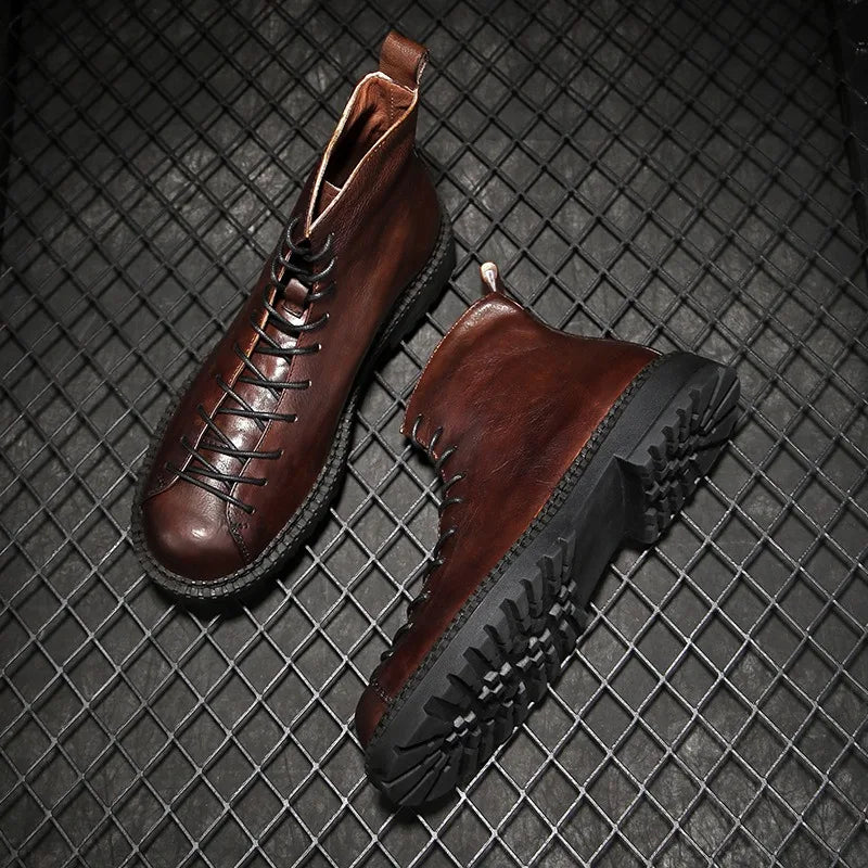 Men's Handmade Genuine Leather Motorcycle Boots - British Vintage High Top Lace-Up Winter