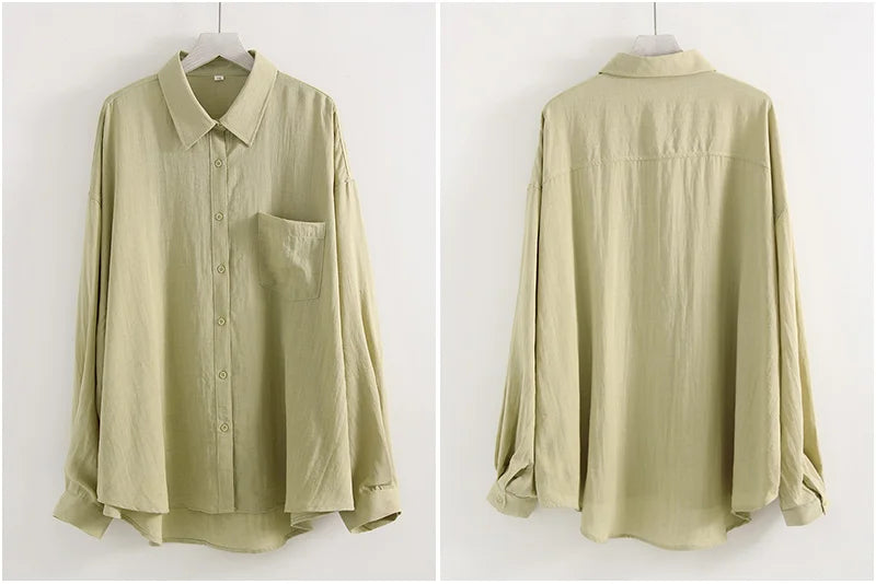 Streamgirl Summer White Linen Shirts For Women Oversized Long Sleeve Tops Lady Loose Basic Linen Tops Women Blue Shirts Oversize