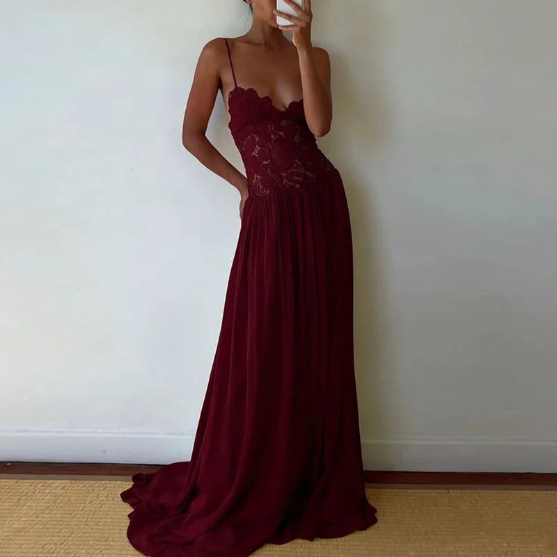 Elegant Pure Color Chiffon Dress Sexy Lace Spliced Mesh Pleated Evening Dress Fashion Hollow Out Sleeveless Halter Banquet Dress