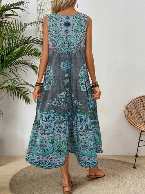 Summer print crew-neck sleeveless dress for women, suitable for casual or beach wear during holidays and extended vacations