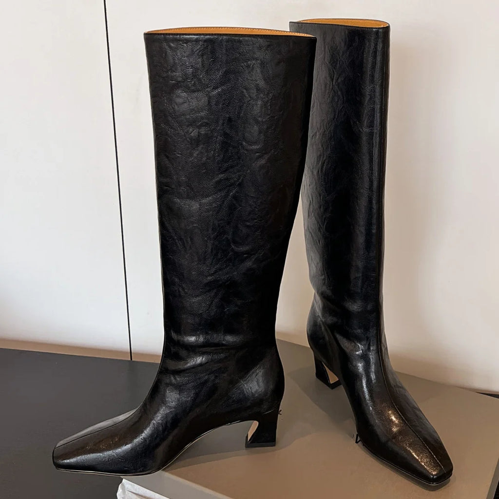 Genuine Leather Knee-High Boots – Square Toe Stiletto Slip-On