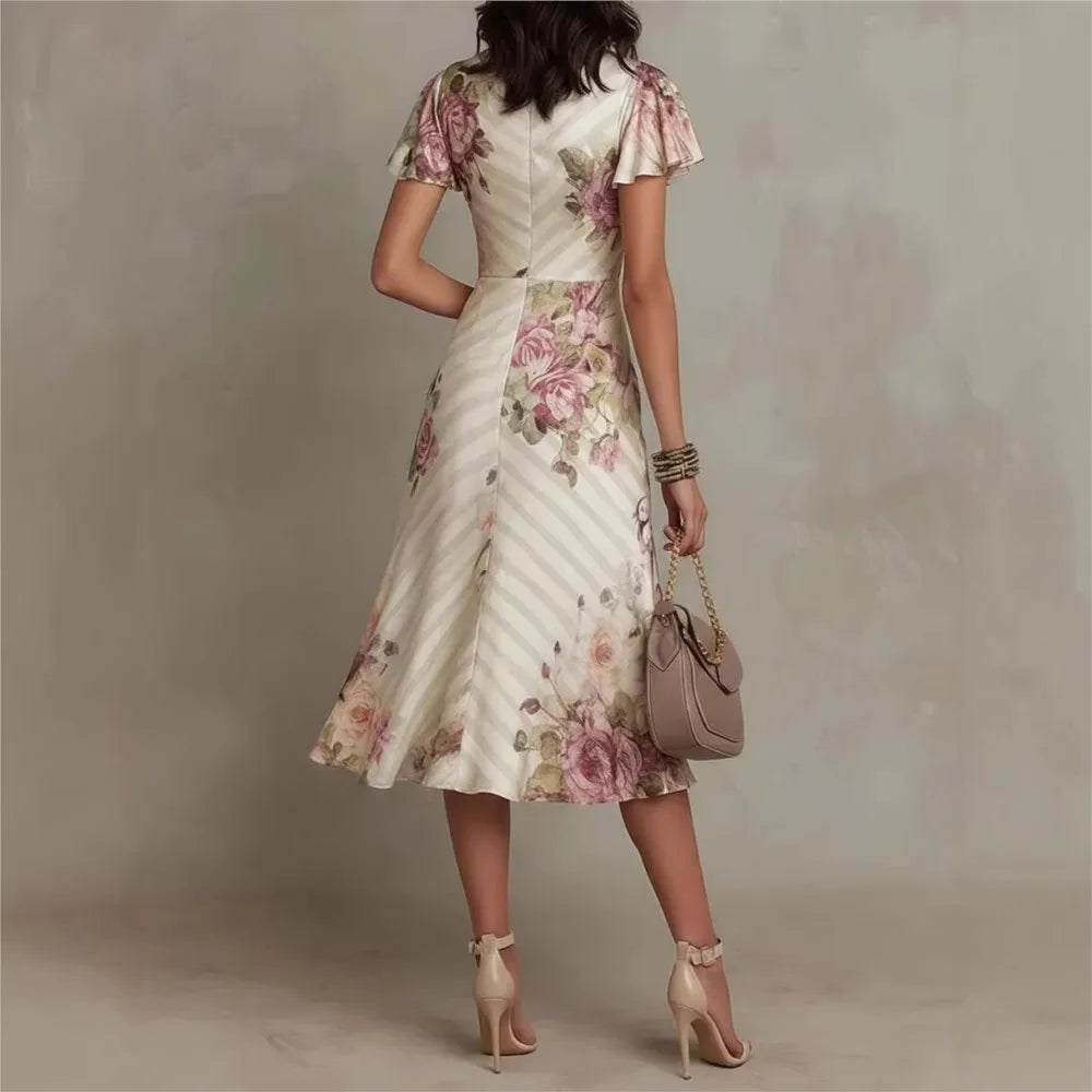 Fashion Print Sexy Deep V Neck Ruffle Short Sleeve Women's Dress Summer Fashion Pleated Slim Elegant Female Party Dresses 2026