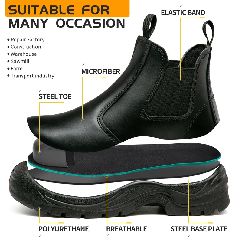 STEEL TOE WORK BOOTS - Men's Waterproof Slip-On Safety Boots - Puncture-Proof, Non-Slip