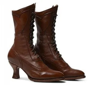 Retro Knight Lace-Up Mid-Calf Boots – High Heel