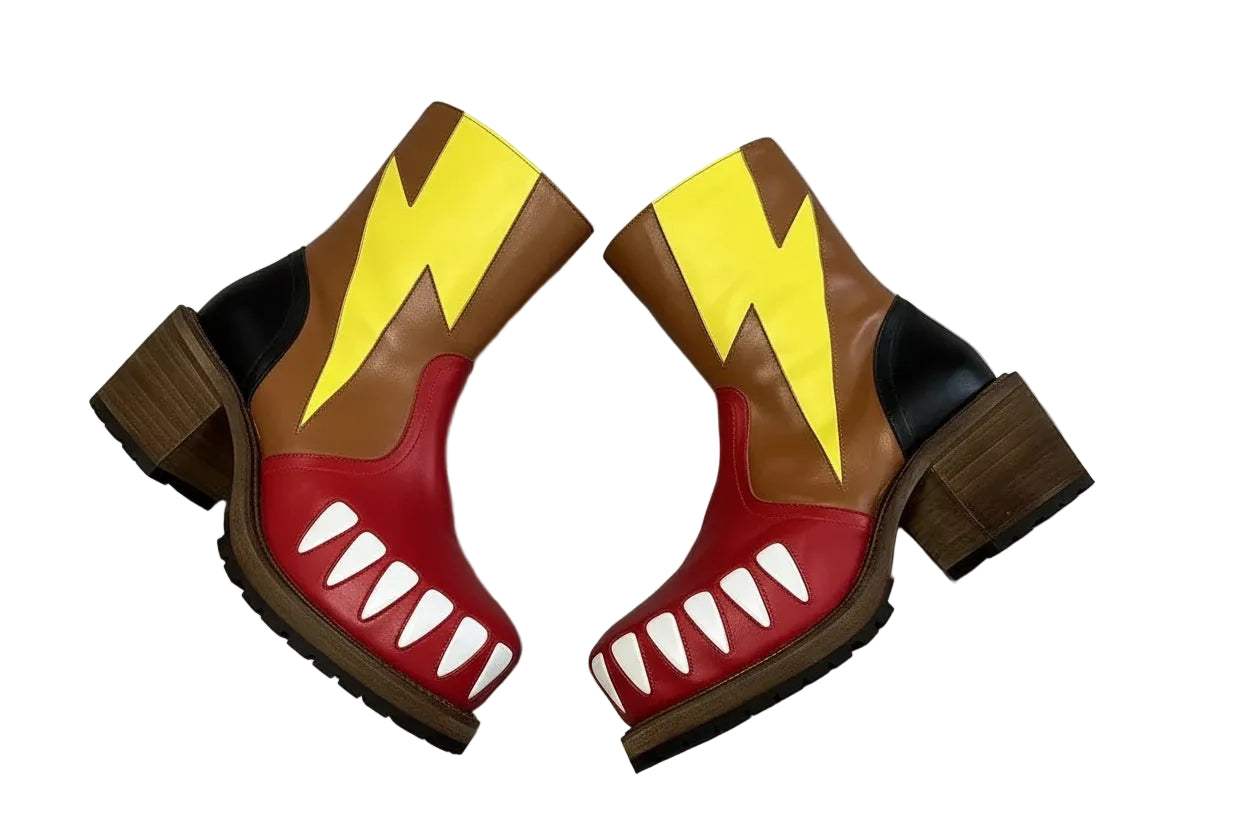 THUNDER FANG - Artisan Monster Boots - Lightning Bolt & Tooth Sole, Multi-Color Chunky Heel