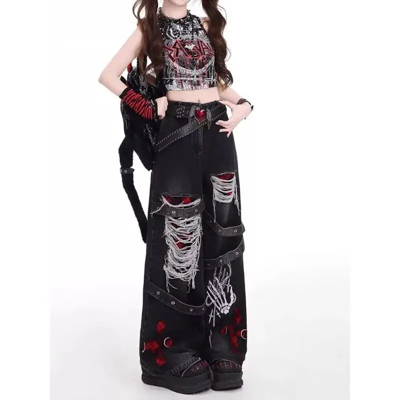 Gothic Punk Ripped Wide Leg Jeans - Spicy Girl Streetwear
