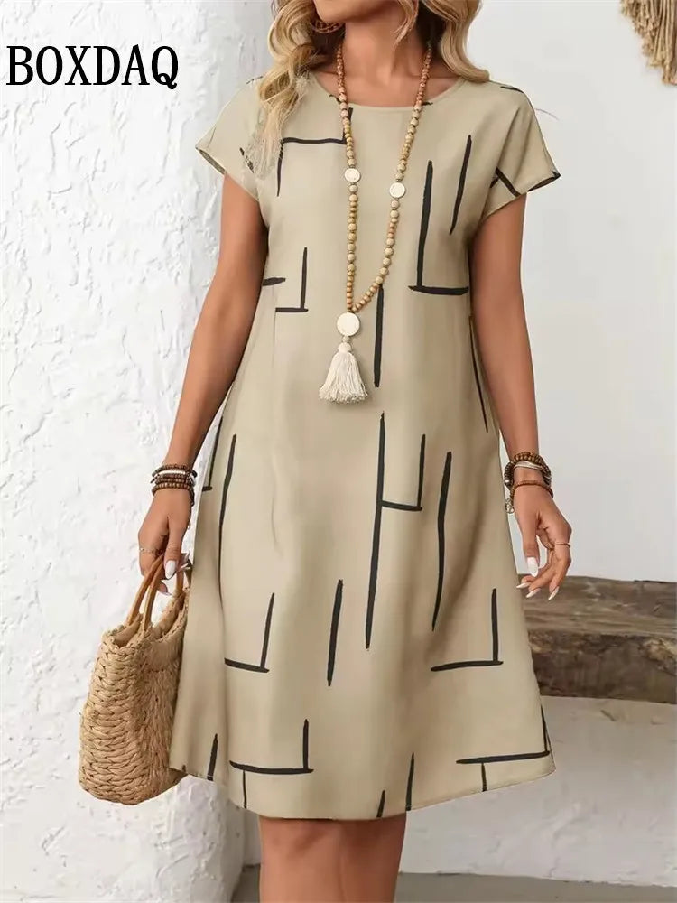 2026 Fashion Summer Dresses Women's Casual Abstract Floral Print Dress Casual Short Sleeve Loose A-Line Dress Y2k Ladies Clothes