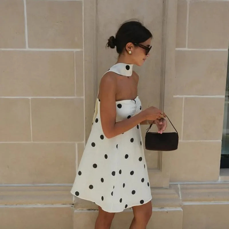 Elegant White Polka Dot Short Dress Sexy Slip Sleeveless Backless Silk Mini Dresses Evening Party Cute Birthday New Summer 2026