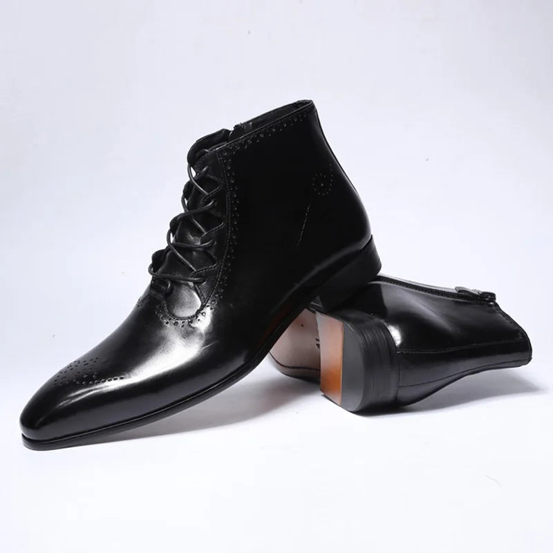 Genuine Leather Ankle Boots - Lace Up Zip British Style Dress Oxford Pointed Toe