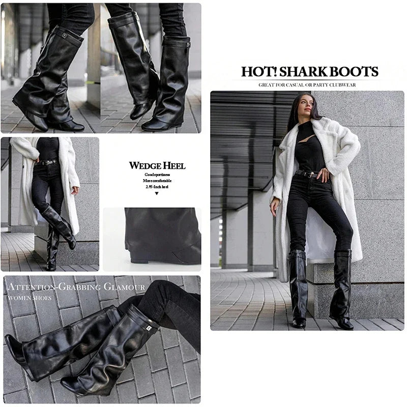 Metal Decor Wedge Knee-High Boots