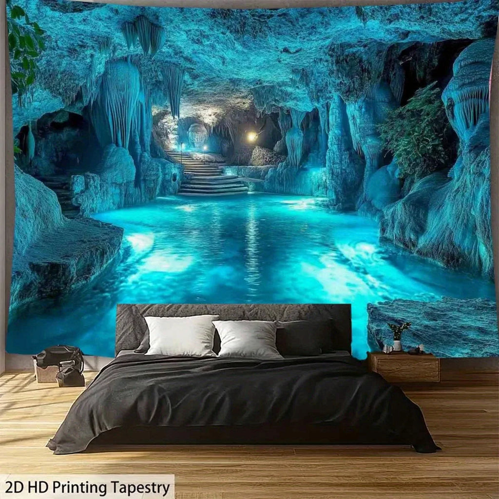 BLUE CAVE WATERFALL TAPESTRY - Polyester - Modern Wall Art