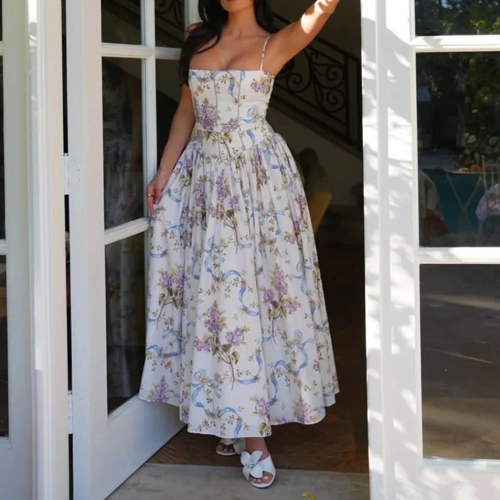 Sexy Floral Long Sun Dress Women's Hollow Out Sundress High Waist Suspenders Maxi Dresses Female 2025 Summer Yellow Festival New