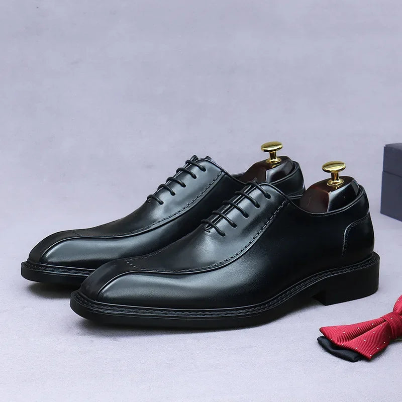 Men's Genuine Cowhide Leather Oxford Shoes - Formal Lace-Up British Style Wedding Dress Shoes