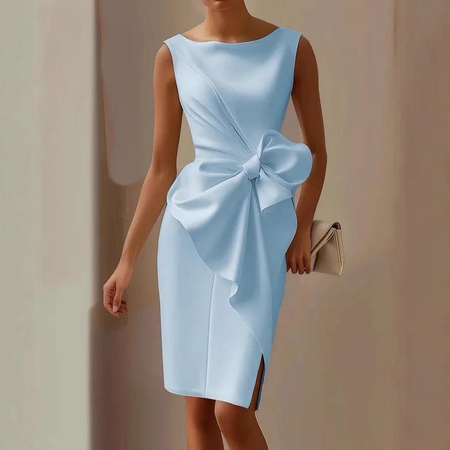 Elegant Solid Bow Dress For Women Fashion Sleeveless O Neck Slim Package Hip Dresses Lady Formal Evening Party Women's Clothing