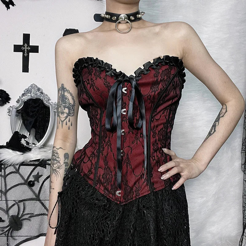 Unholy Lace Halter - Black Goth Corset Top With Cross And Red Velvet