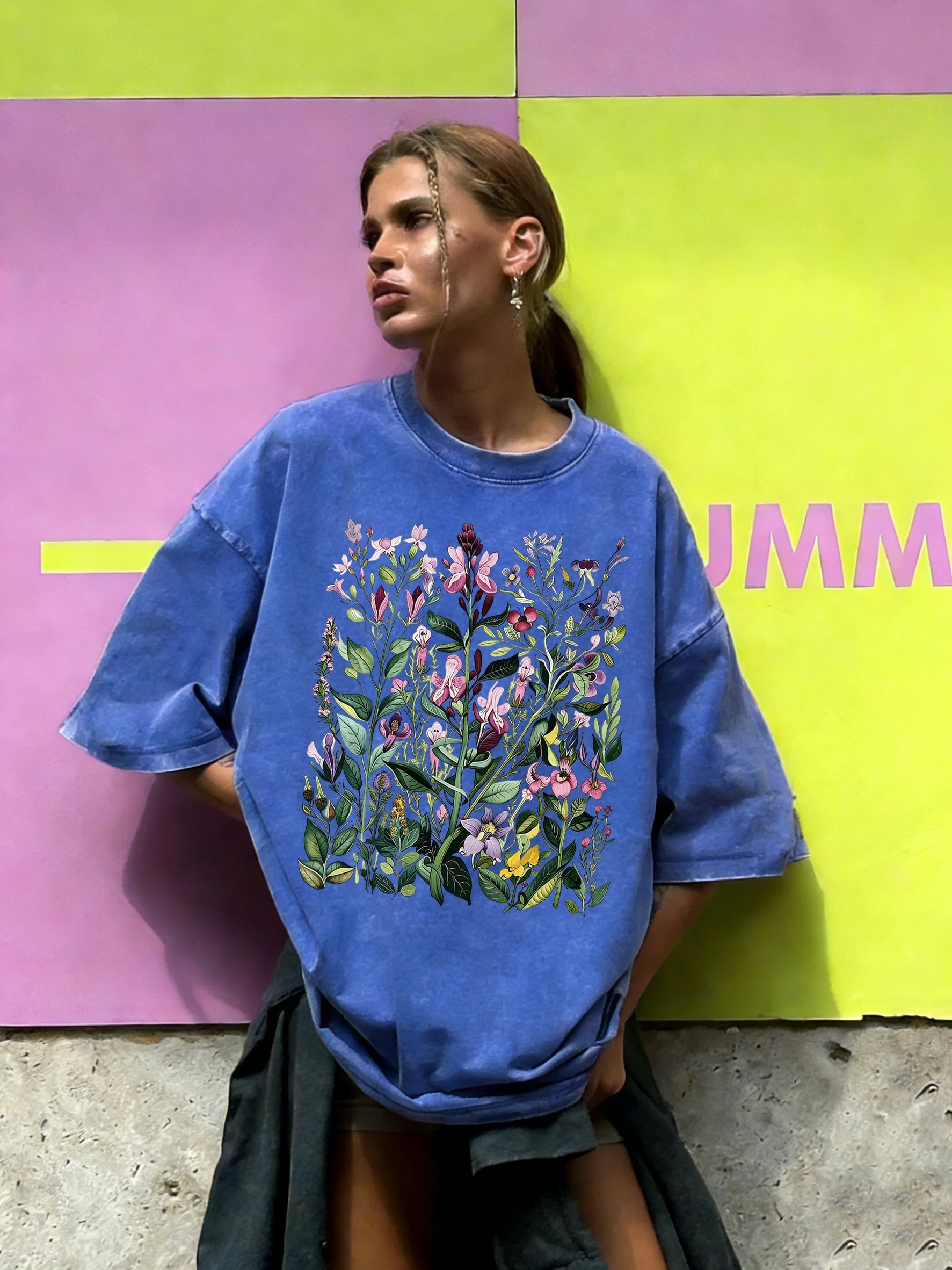Having Different Beautiful Flowers Print Women Washed T Shirt Summer Loose T-Shirt Crewneck Cotton Clothes All-Match Streetwear