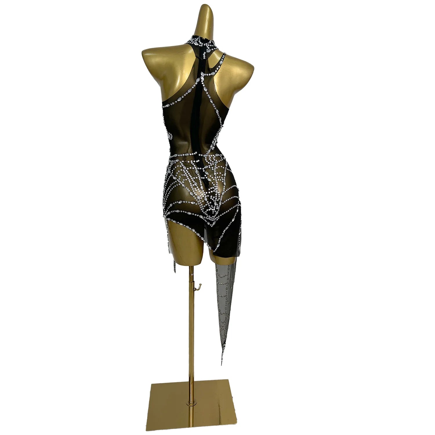 Zhizhu Black Mesh Irregular Dress Sexy Hollow Silver Rhinestone Spider Web Dress Bar Singer Dancer Celebrity Performance Costume