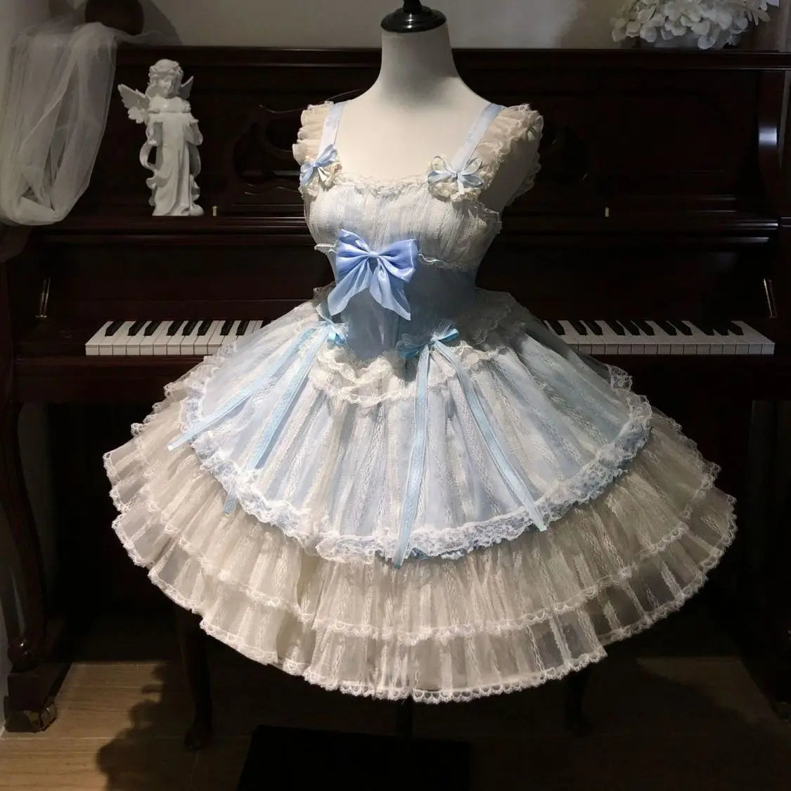 2026 New Sweet Lolita Dress Women Ruffled Lace Halter Neck Cute Dress Bow Princess Party Dress Kawaii Gothic Cosplay Costume