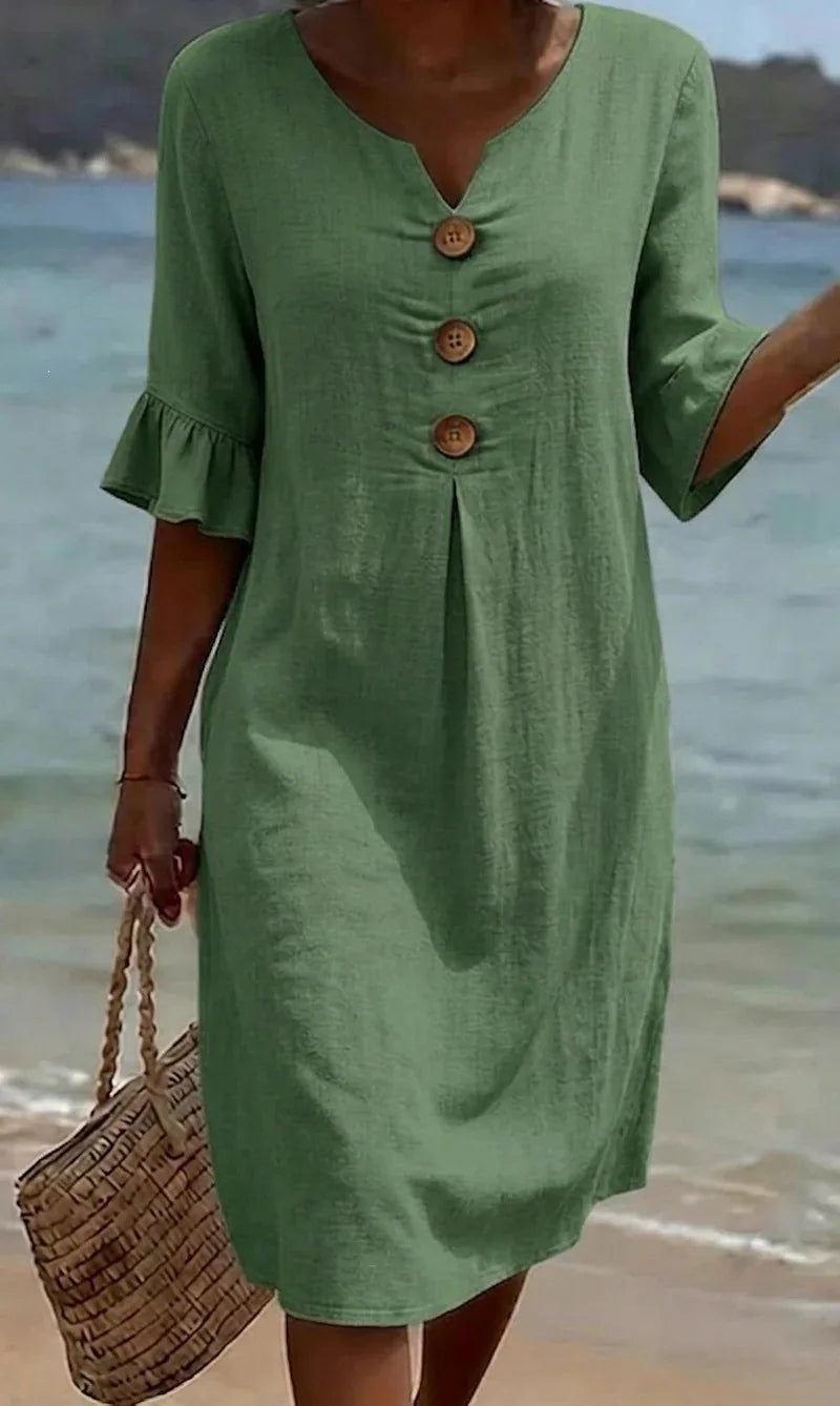 2026 Amazon European and American Cross-Border Spring and Summer New Cotton and Linen V-Neck Dress with Large Buttons and Ruffle