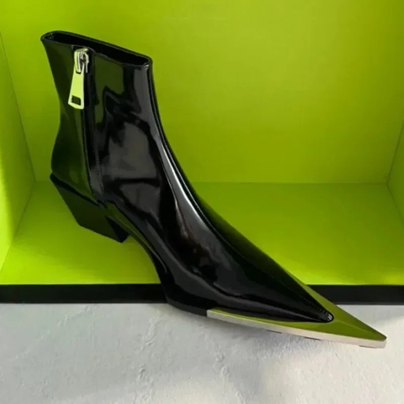 Metal Toe Chelsea Boots – Pointed Chunky Heel Side Zip