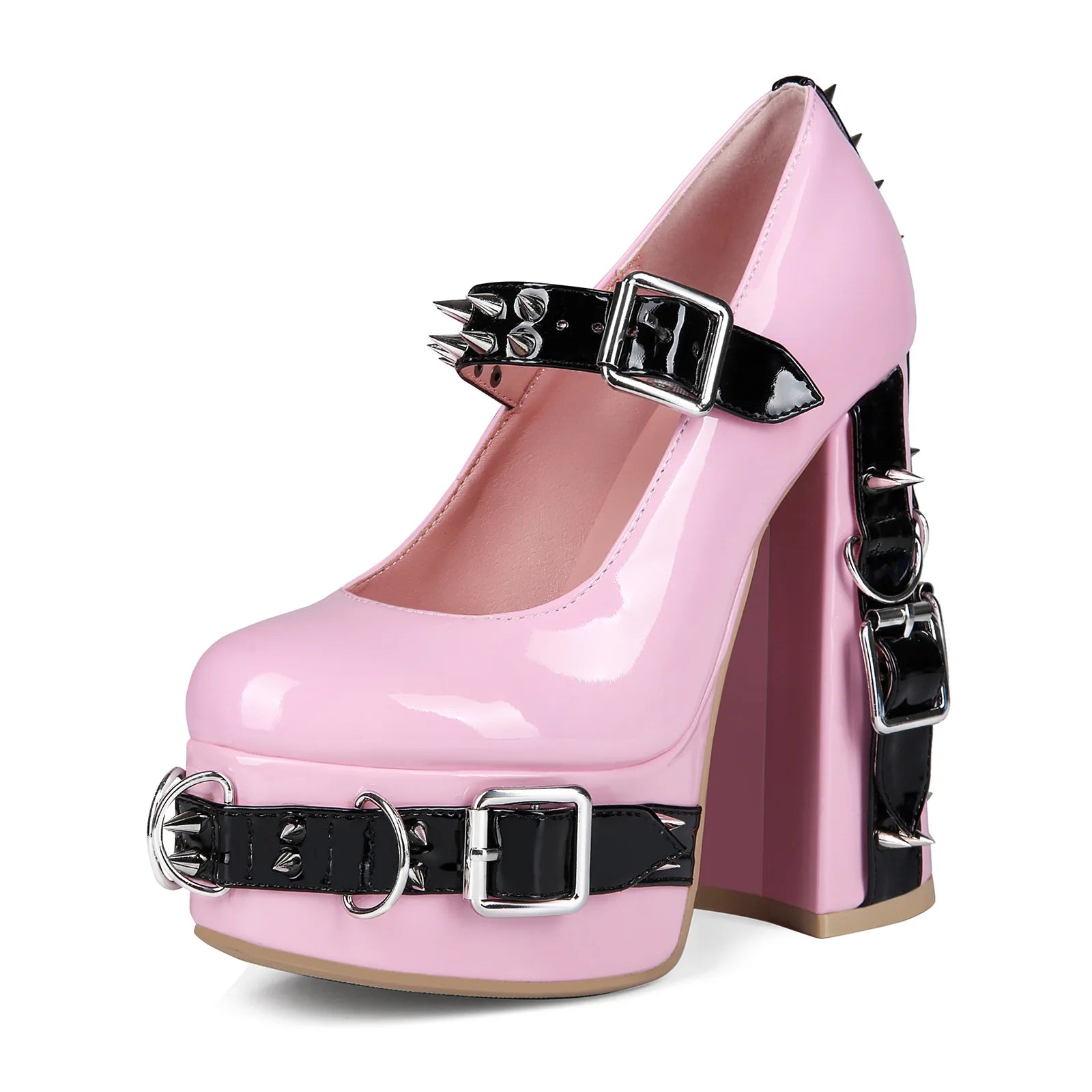 Spring Summer Punk Metal Rivet Buckle Belt Rings Thick High Heels Shoes Women Gothic Cosplay Chunky Platform Pumps Large Size 45