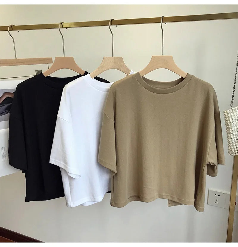 Summer Vintage Women's Short Sleeve Tee Korean Casual Backless Oversize T-Shirt Round Neck Short-Sleeved Crop Tops Y2k Brown Top