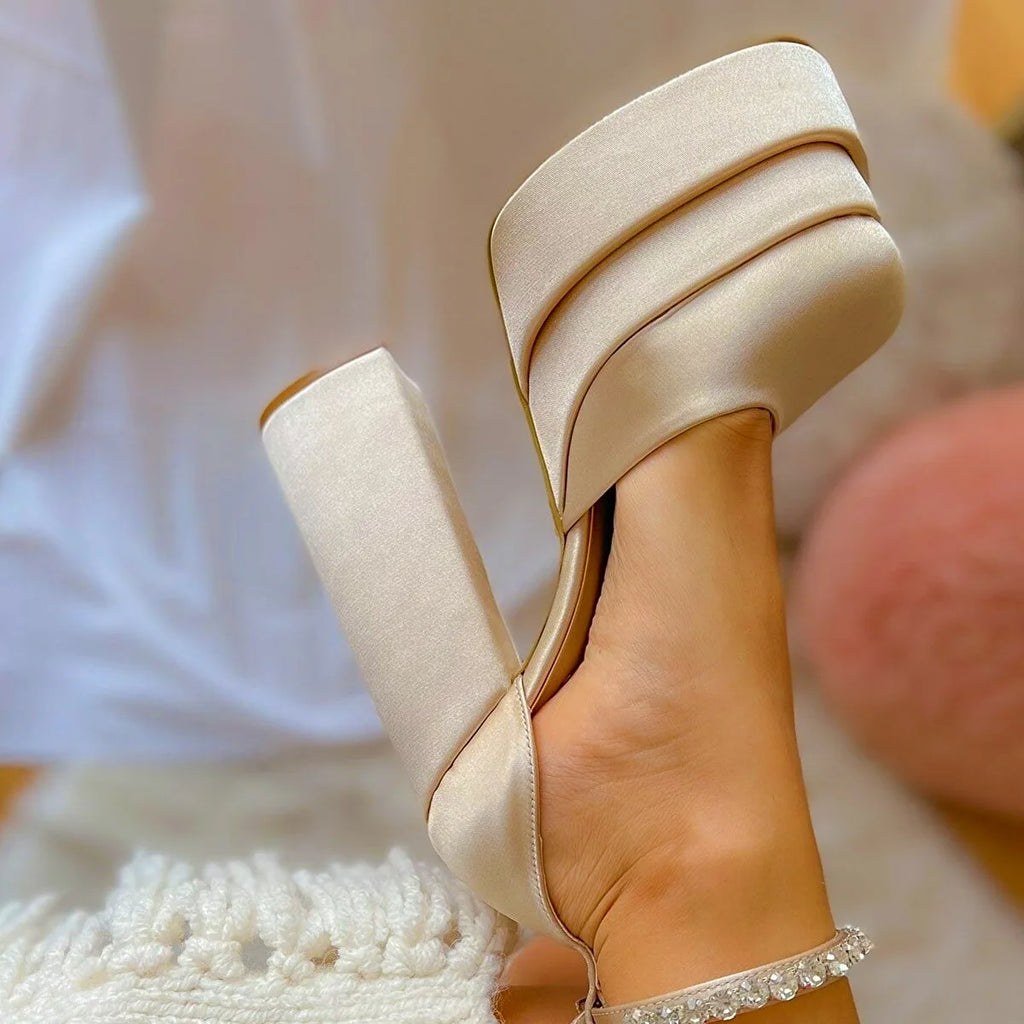 15cm Super High Heels Satin Wedding Shoes Sexy Women's Nightclub Pumps Double Platform Party Sandals Plus Size 35-42