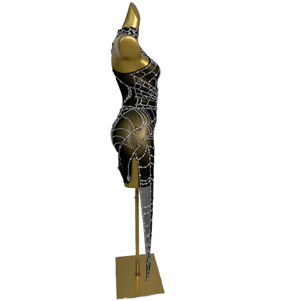 Zhizhu Black Mesh Irregular Dress Sexy Hollow Silver Rhinestone Spider Web Dress Bar Singer Dancer Celebrity Performance Costume