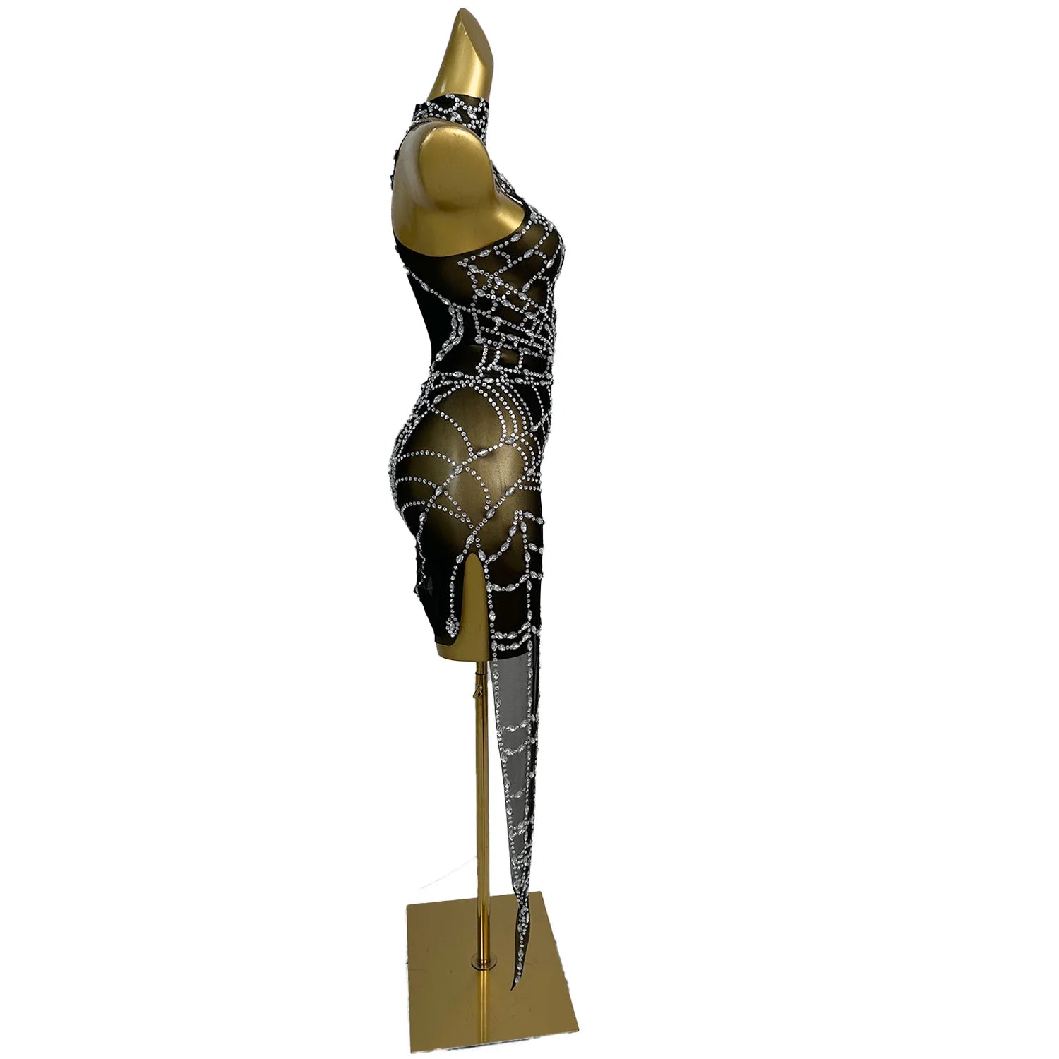 Zhizhu Black Mesh Irregular Dress Sexy Hollow Silver Rhinestone Spider Web Dress Bar Singer Dancer Celebrity Performance Costume