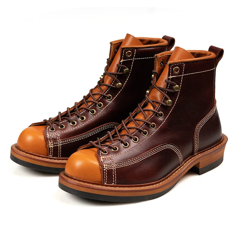 Men's Genuine Leather Motorcycle Boots - Handmade Goodyear Welted Round Toe Ankle Boots