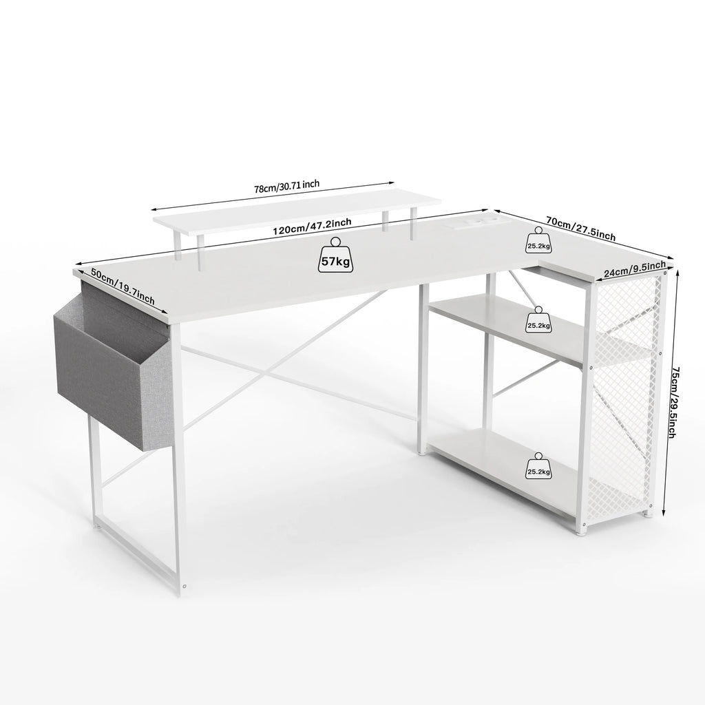 L-Shaped Corner Desk – Monitor Shelf, USB & Power Outlet