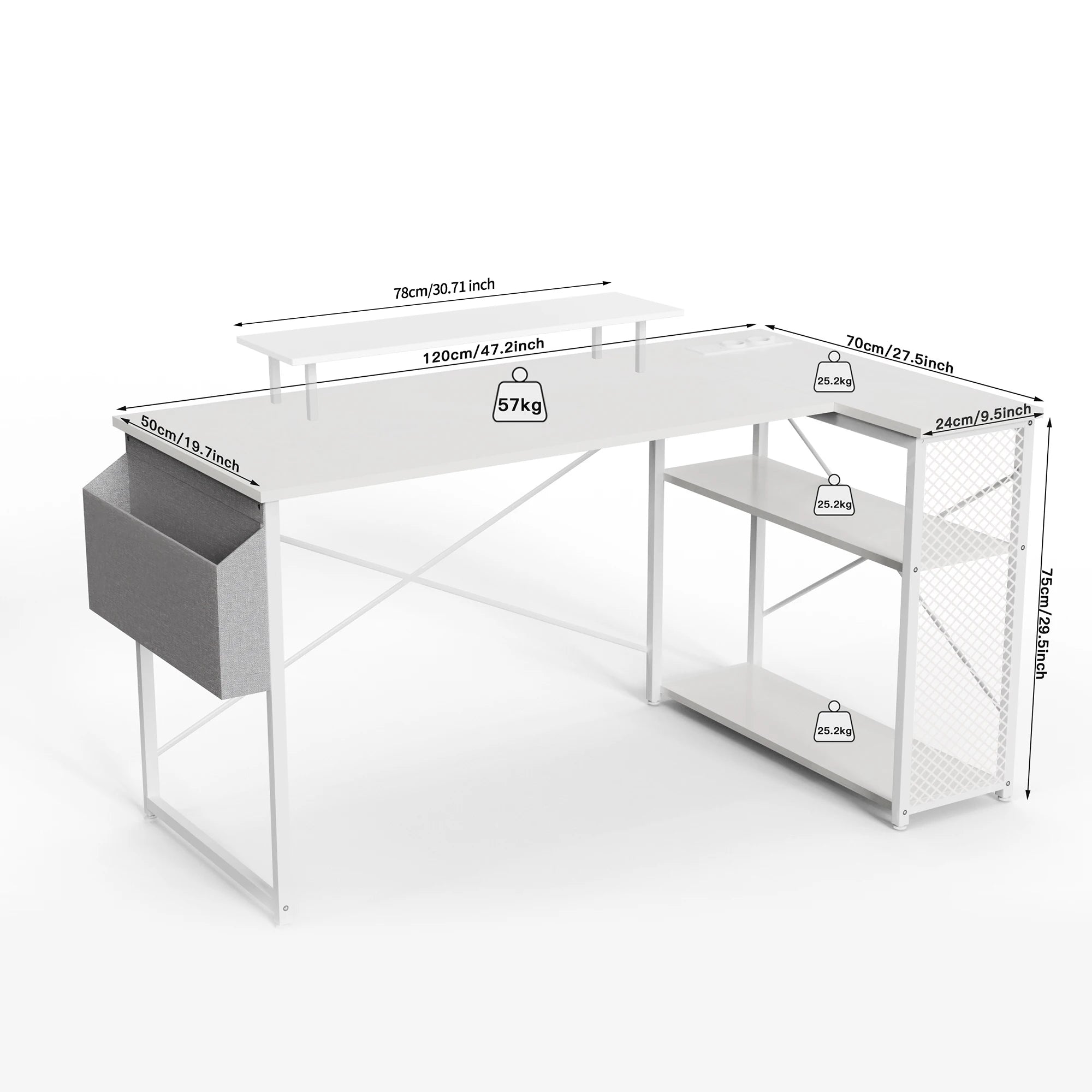 L-Shaped Corner Desk – Monitor Shelf, USB & Power Outlet