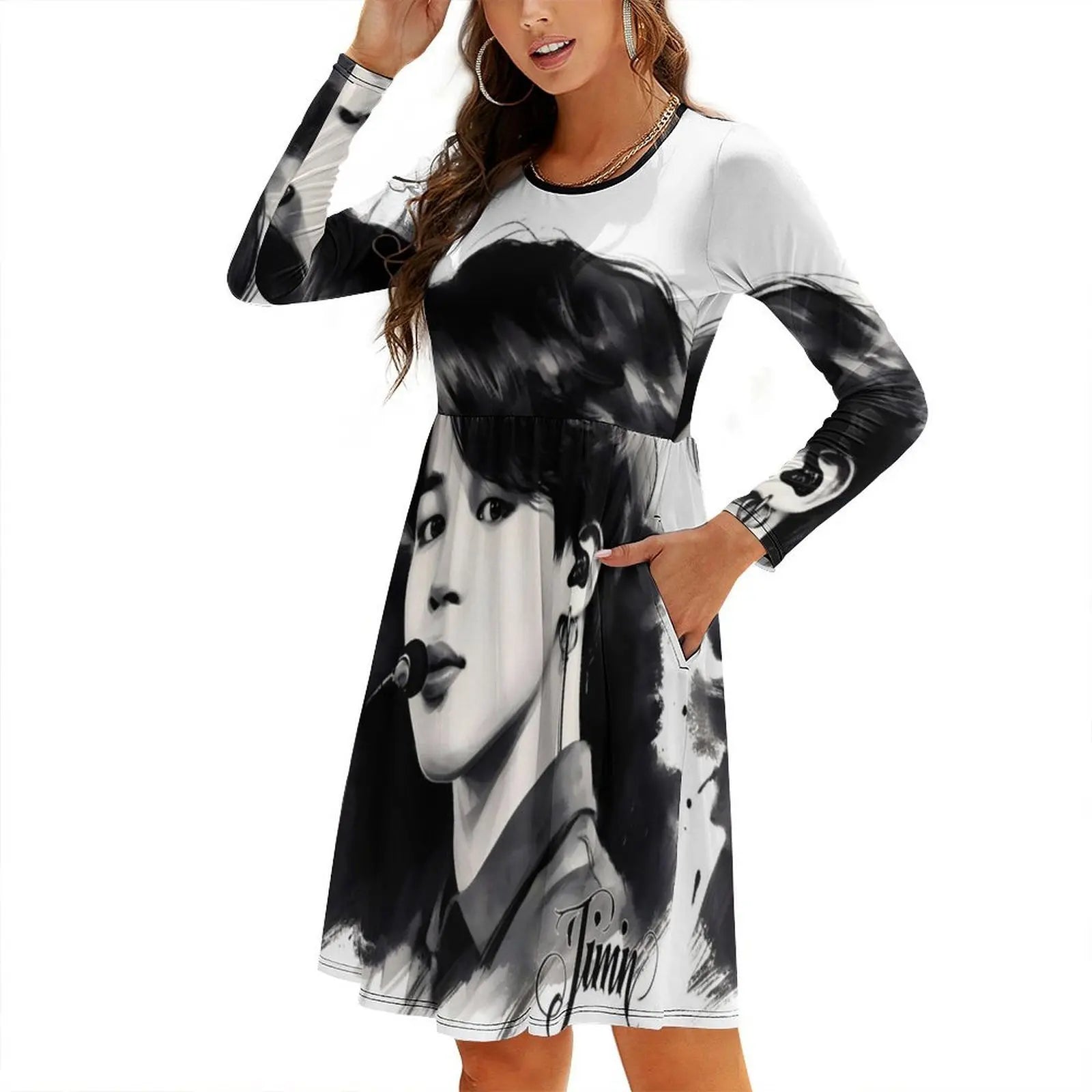 Jimin From Boys By Hello K-Pop Sexy Vacation Dress For Women Beach Party Birthday Mini Dress Black And White B W Ink Black Ink