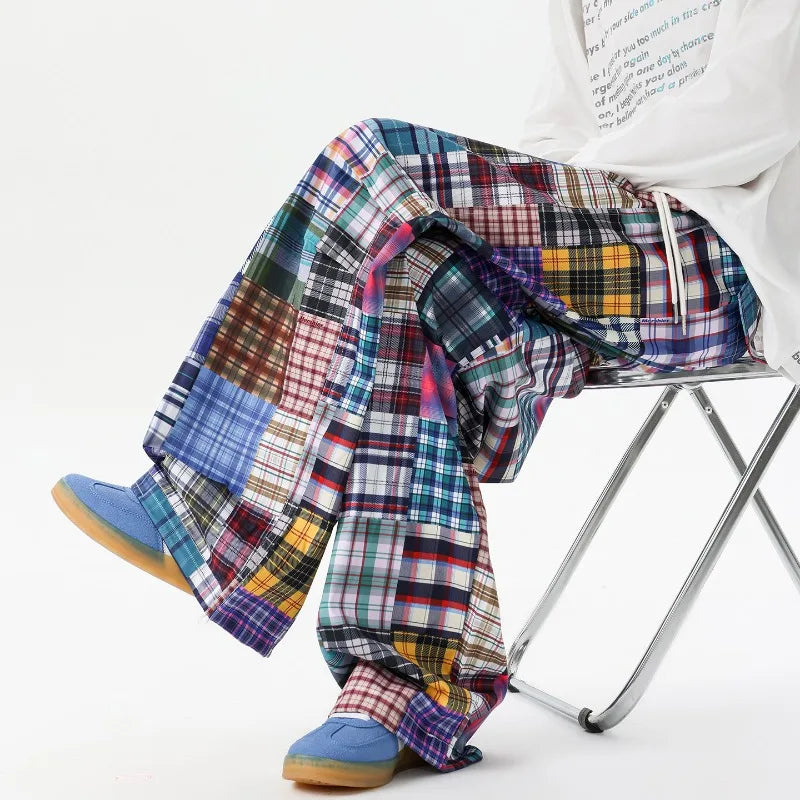 PATCHWORK HIP HOP PANTS - Men's Loose Wide Leg Streetwear Jeans Casual Drawstring Trousers - American Wasteland Style