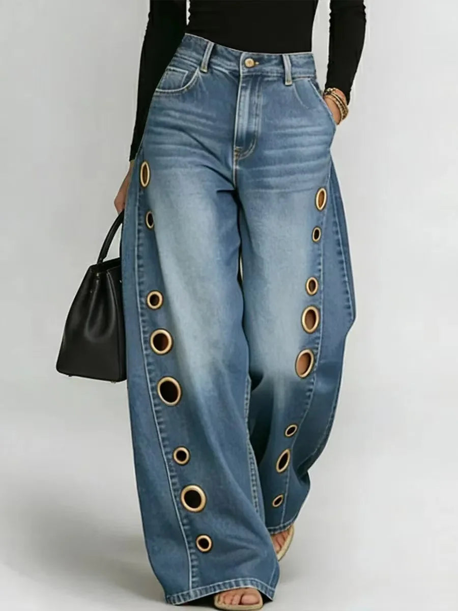 American High Street Straight Leg Jeans Women Metal Ring Hollow Long Jeans Autumn Casual High Waist Pockets Baggy Denim Pants