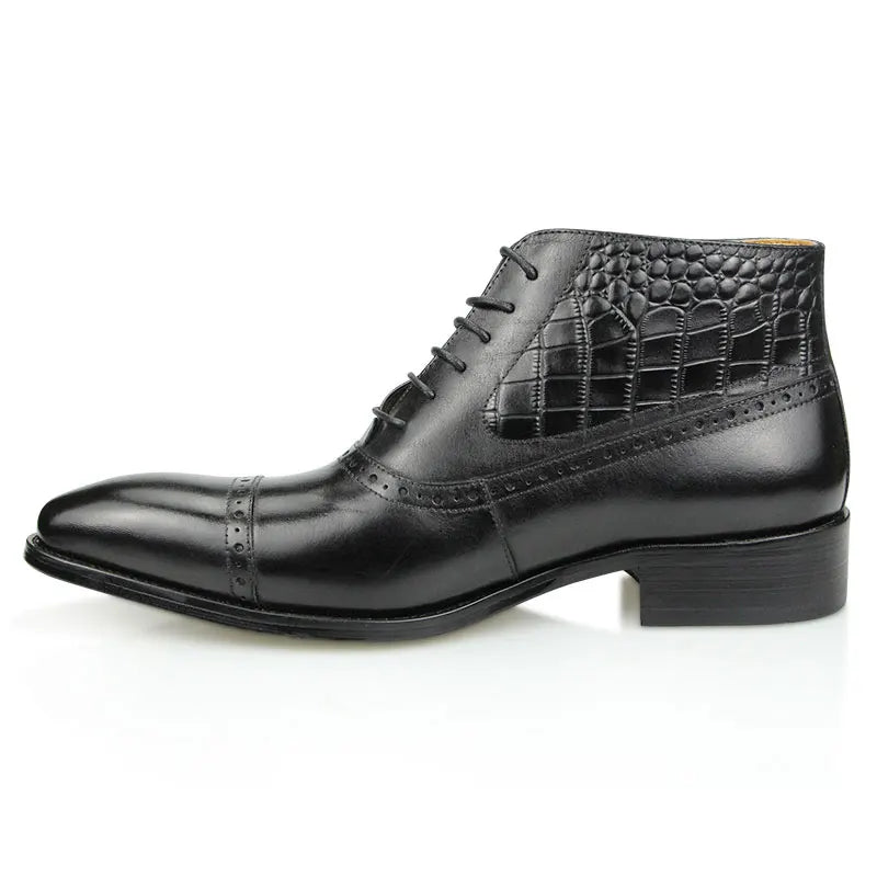 BRITISH PRINT - Men's Genuine Leather High Ankle Boots - Pointed Toe Retro Business