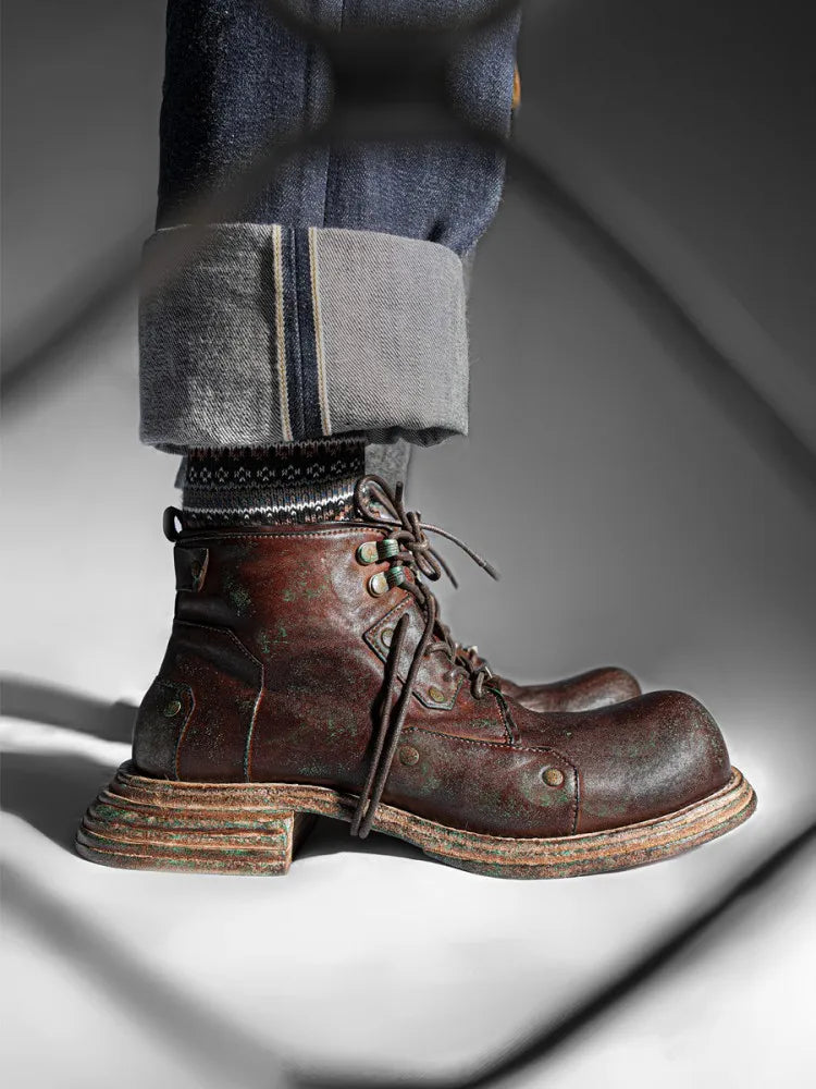 Vintage Cargo Motorcycle Boots - Handmade Genuine Leather High-Top Retro Plus Size