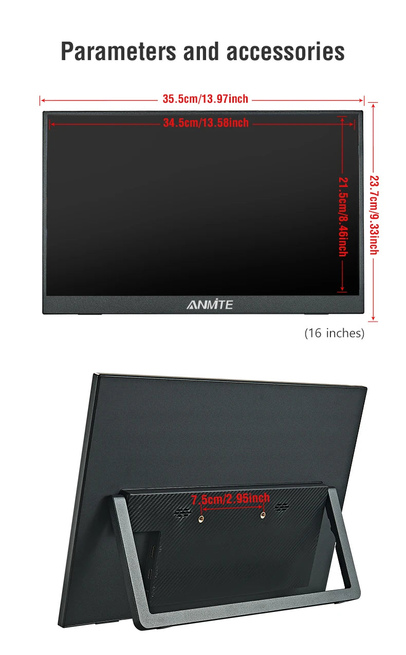 Anmite 16-Inch Portable Touch Monitor Non-touch optional 1200P HDR 16:10 For XBox PS4 / 5 Switch Cell Phone PC Laptop Extension