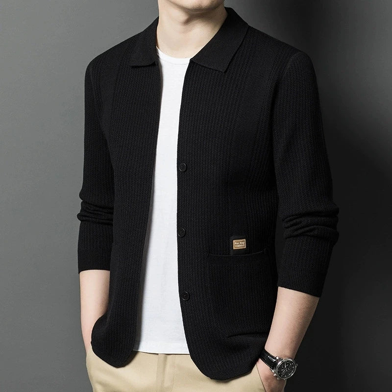 Men's Knitted Cardigan - Solid Color Lapel - Business Casual Done Right