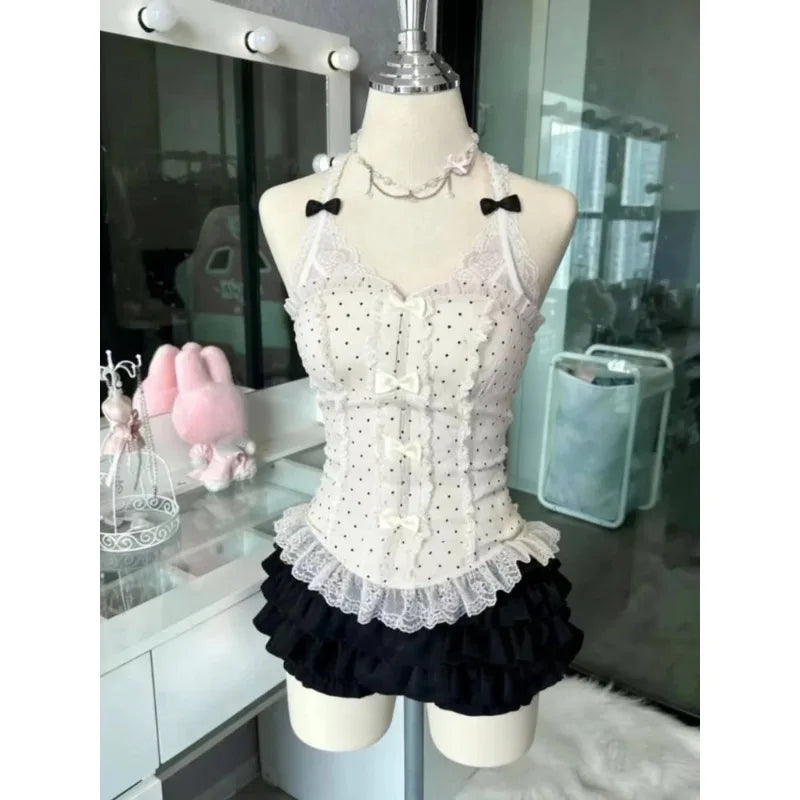 Japanese Fake Two Piece Striped Lolita Long Sleeve Shirts Women Y2k High Waist Striped Cake Skirts Spring Summer New Sets