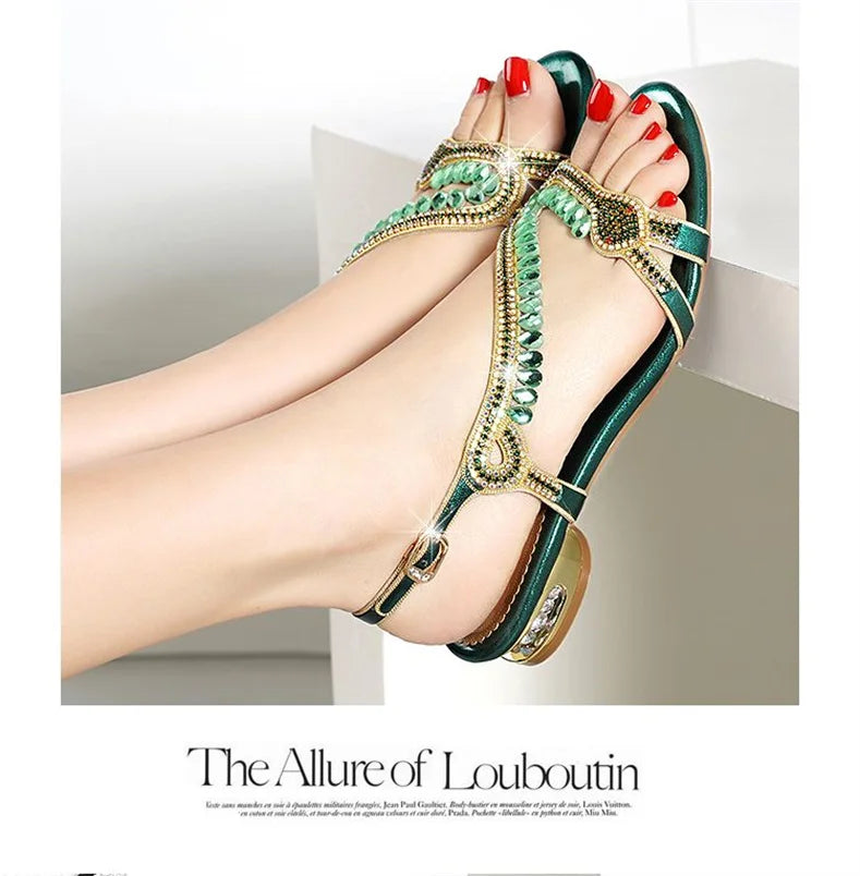 High-grade Rhinestones Fashion New Women's Summer Young Elegant Sandals Thick Heel Leisure Flat Bottomed Beach Sandals