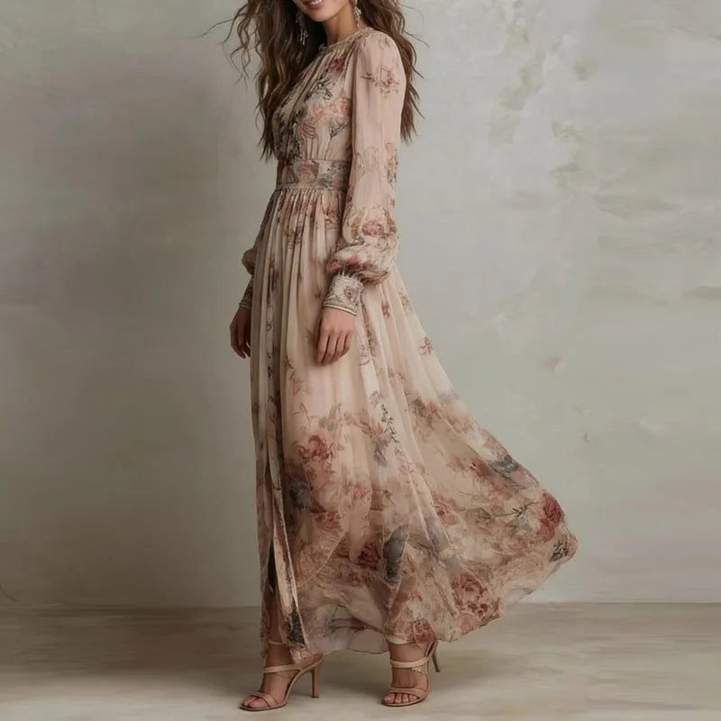 Vintage Floral Print High Waist Pleated Long Dress Woman Elegant O Neck Slim Party Dresses Spring Long Sleeve Boho Holiday Dress